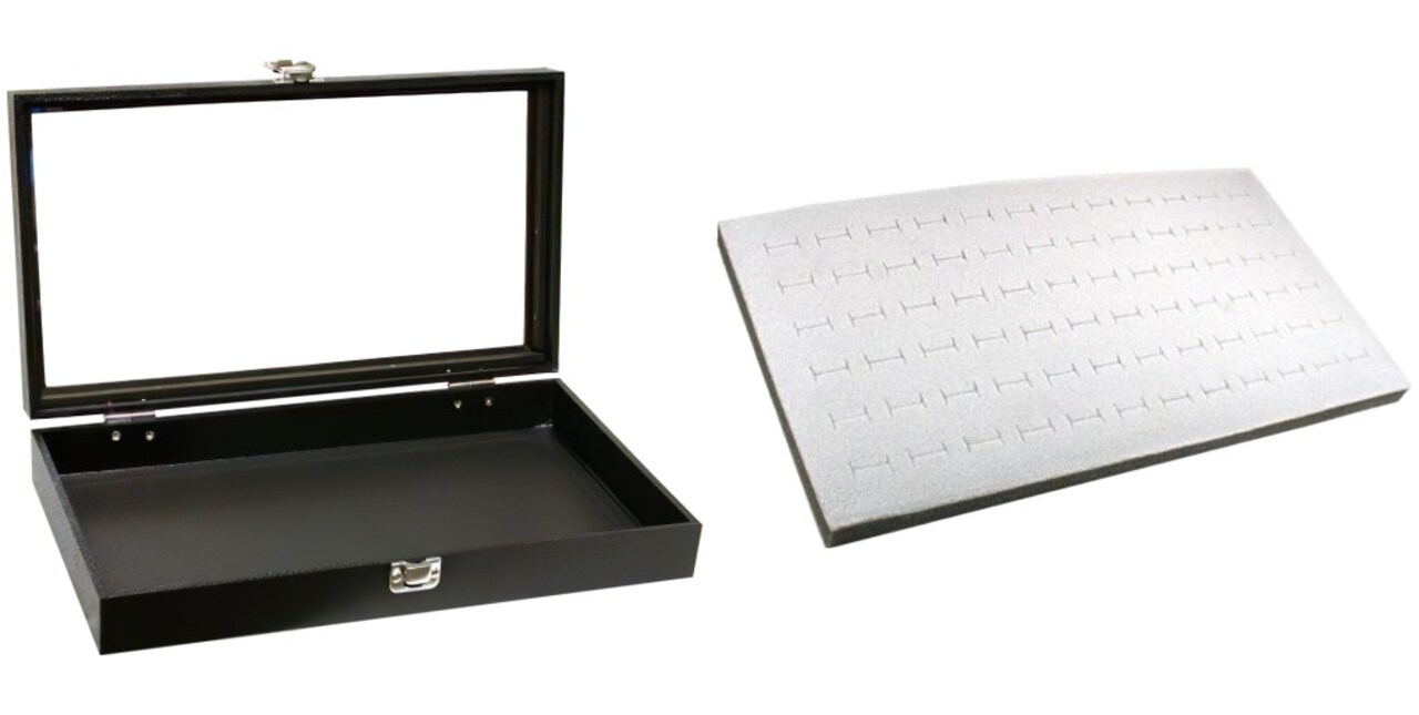 Black Glass-top Jewelry Case (Single metal latch) w/ Gray 72-slot Foam Insert